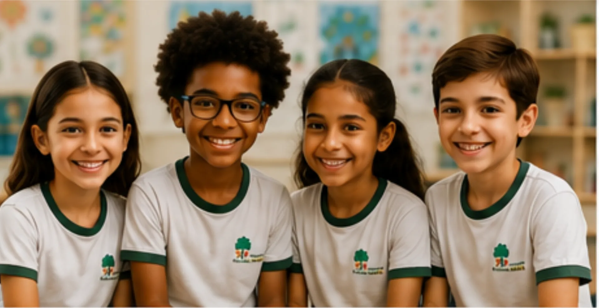 Alunos do Centro Educacional Allan Kardec sorrindo juntos em sala de aula