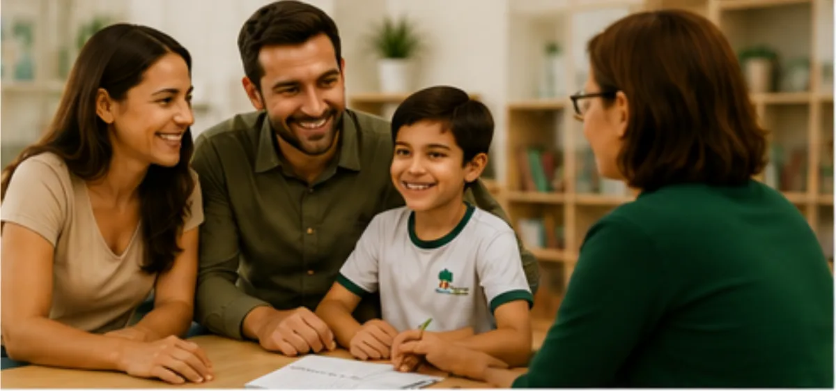 Pais, aluno e colaboradora da escola conversando na recepção